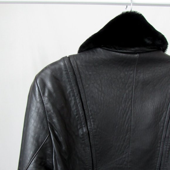 VTG 90s Faux Fur Collar Black Leather Jacket Y2K Leather Jacket Chic Modern Fit - Picture 4 of 16